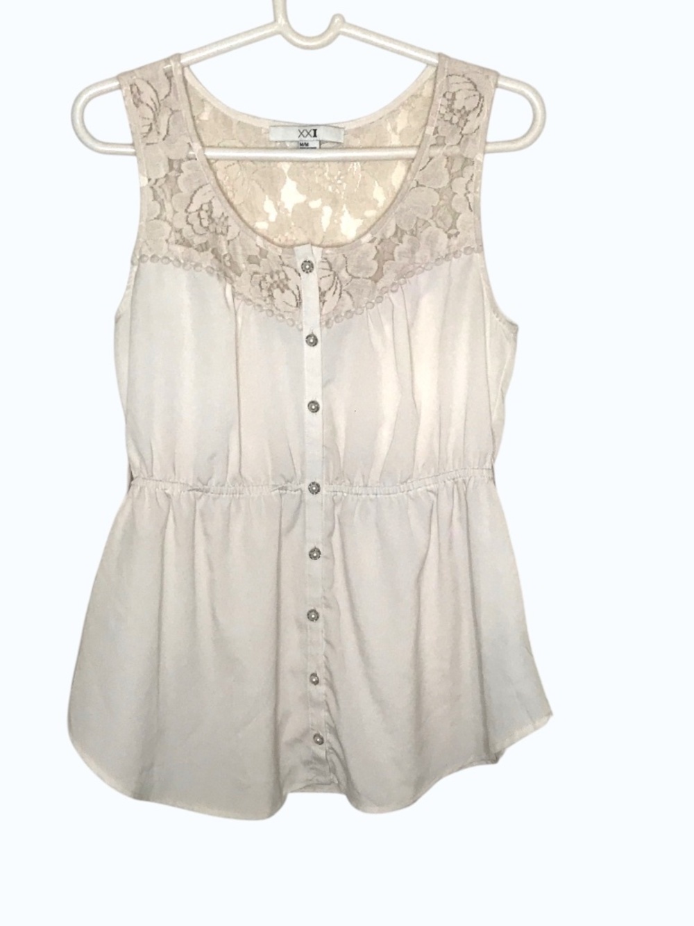 Lace Sleeveless Blouse Women Medium Cream Button Front Peplum Sheer Top